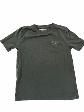 True Religion Olive Green Short Sleeve Logo Tee with Yellow Accent